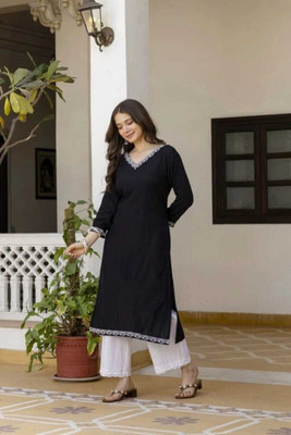 anuska Women Solid A-line Kurta(Black)