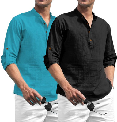 FireFish Men Solid A-line Kurta(Blue, Black)