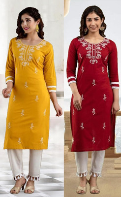 SISTO Women Chikan Embroidery A-line Kurta(Red, Yellow)
