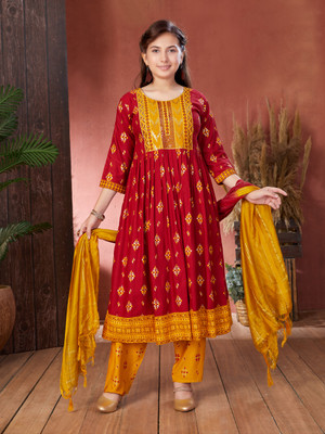 MUHURATAM Girls Printed A-line Kurta(Maroon, Yellow)