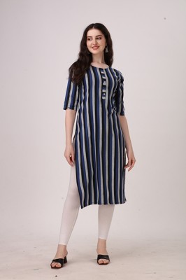 Ladylaz Women Striped A-line Kurta(Dark Blue, Black, Grey)