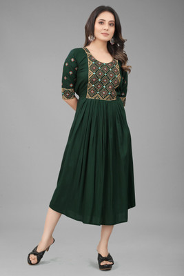 AGRAYYANA Women Embroidered Flared Kurta(Green)