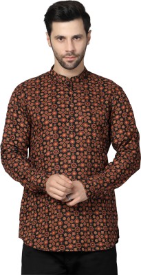 Vastraa Fusion Men Block Print Straight Kurta(Black, Maroon)