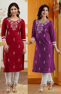 SISTO Women Chikan Embroidery Straight Kurta(Red, Purple)