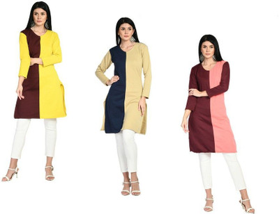 Indeweaves Women Solid Straight Kurta(Maroon, Beige, Yellow)