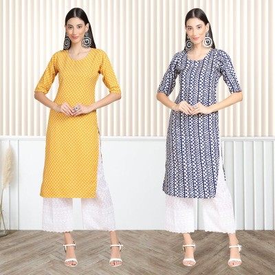 EthnicBasket Women Printed Straight Kurta(Dark Blue, White, Yellow)