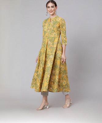 GLAM ROOTS Women Floral Print Flared Kurta(Yellow)