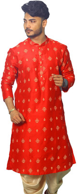 House of Aqss Men Printed Straight Kurta(Red)