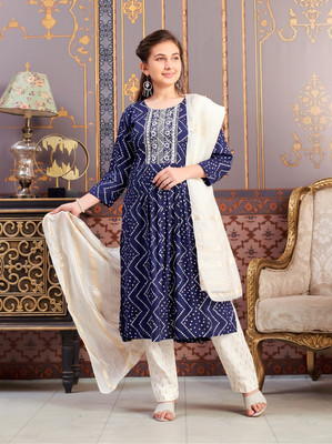 Sangria Girls Bandhani Flared Kurta(Dark Blue)