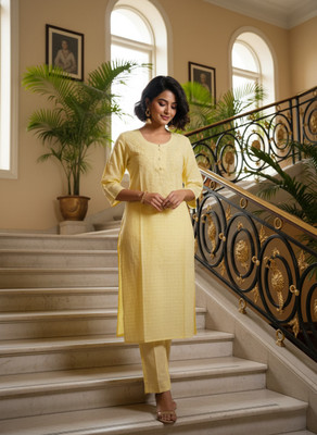 unstitch Women Embroidered A-line Kurta(Yellow)