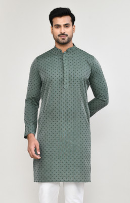 POLY2FAB Men Embroidered, Printed Straight Kurta(Dark Green)