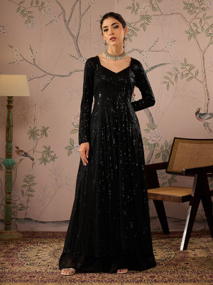 Shae by SASSAFRAS Women Embroidered Anarkali Kurta(Black)