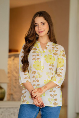 Fyunl Women Floral Print Straight Kurta(Light Green)
