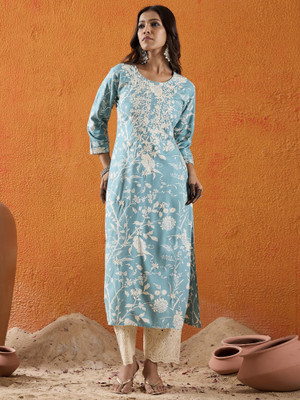Indo Era Women Embroidered Straight Kurta(Blue)