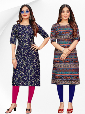 RadhikaPrints Women Printed Straight Kurta(Blue, Multicolor)