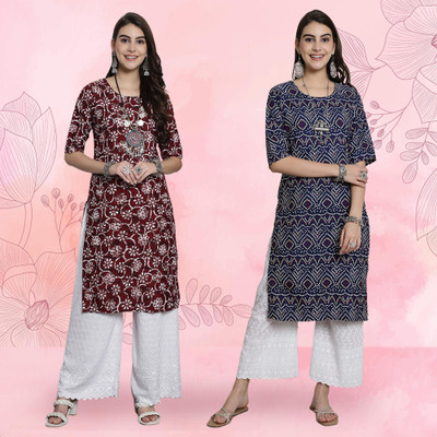 EthnicBasket Women Printed Straight Kurta(Multicolor)