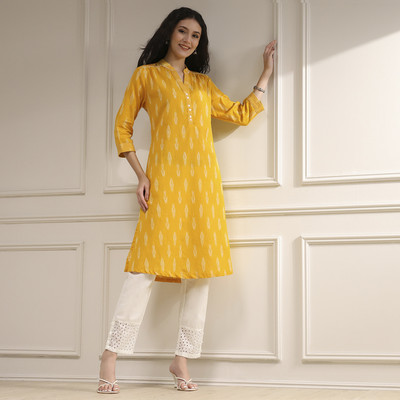 BIBA Women Printed Straight Kurta(Yellow)