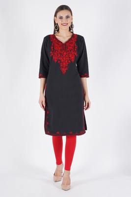 CROWN KING GARMENTS Women Embroidered Straight Kurta(Black)