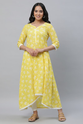Aurelia Women Floral Print Flared Kurta(Yellow)
