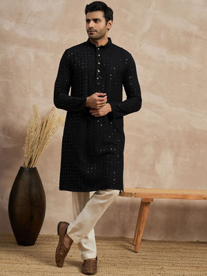 ANOUK Men Geometric Print Straight Kurta(Black)