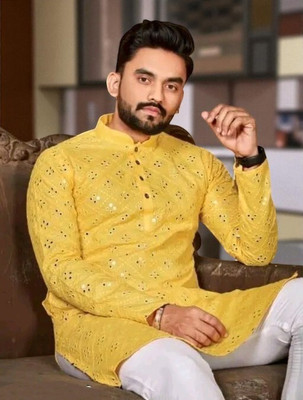 Bisswas Men Embroidered Straight Kurta(Yellow)