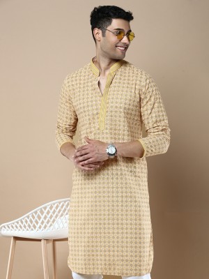 Sanwara Men Chikan Embroidery Straight Kurta(Yellow)