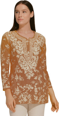 Era Chikan Women Embroidered Straight Kurta(Brown)