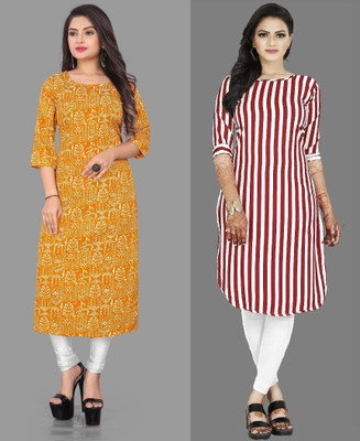 HouseOfCommon Women Printed Straight Kurta(Red, Yellow)