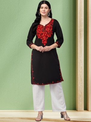 FamBee Women Embroidered Straight Kurta(Black)