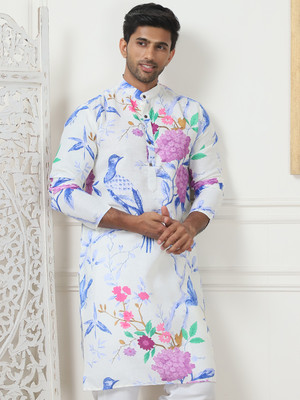 Jompers Men Printed Straight Kurta(White)