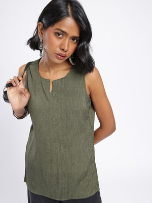 Anouk Rustic Women Self Design Straight Kurta(Green)