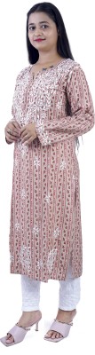 Fashion Chikan Art Women Printed Straight Kurta(Beige)