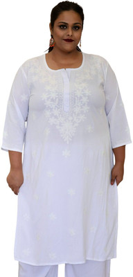 myplusfashion Women Chikan Embroidery Straight Kurta(White)