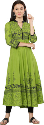 HOTSWAG Women Block Print Anarkali Kurta(Green)