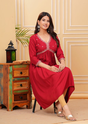 KPF Women Embellished Anarkali Kurta(Red)