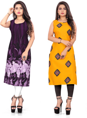 maruti fab Women Floral Print Straight Kurta(Purple, Yellow)