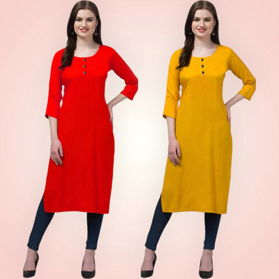 Coft Women Solid Straight Kurta(Red, Yellow)