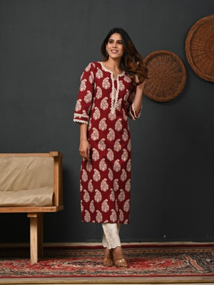 WGC Women Floral Print A-line Kurta(Maroon)
