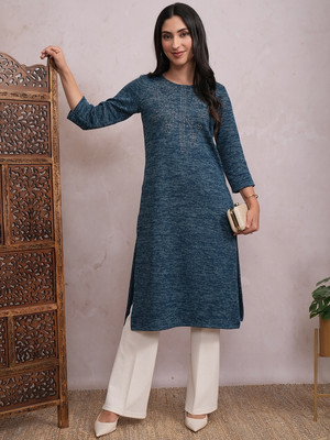 Vishudh Women Solid Straight Kurta(Dark Blue)