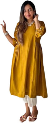 Bloomloom Women Solid, Embroidered Anarkali Kurta(Yellow)