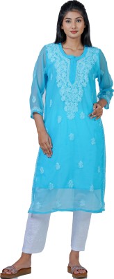 Tabarruk Women Chikan Embroidery Straight Kurta(Light Blue)