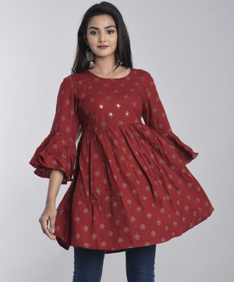 Hisham Women Printed Flared Kurta(Maroon)