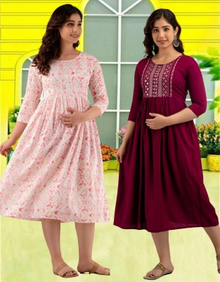 mayraa Women Printed Gown Kurta(Pink, Maroon)