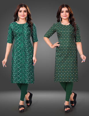 MOBHISA Women Printed Straight Kurta(Green)
