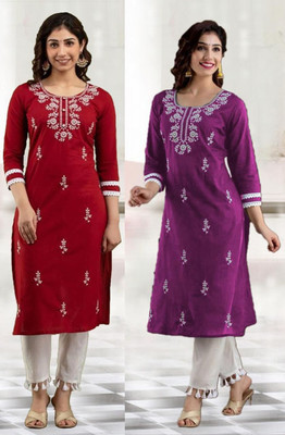 vikshi Women Chikan Embroidery Straight Kurta(Red)