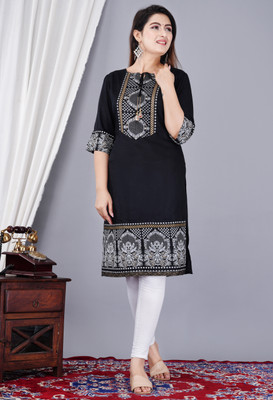 Ruchika Creation Women Printed Straight Kurta(Black)