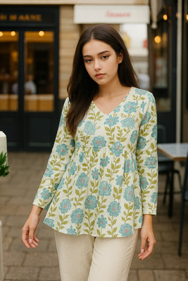 CLANGER Women Floral Print Flared Kurta(Green)
