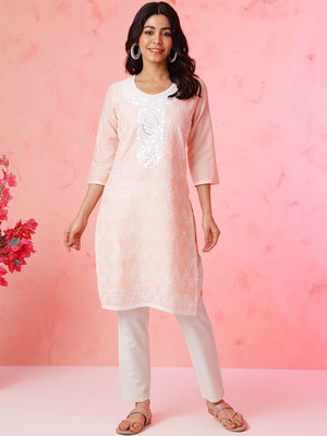 ANOUK Women Embroidered Straight Kurta(Pink)