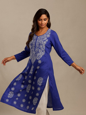 VELORA Women Embroidered A-line Kurta(Blue)
