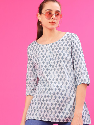 V-MART Women Printed A-line Kurta(Light Blue, White)